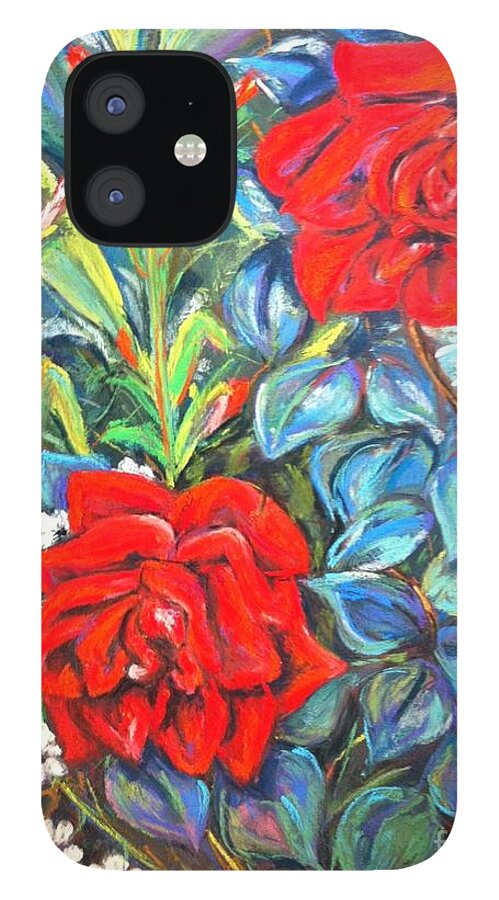 Floral. Roses iPhone 12 Case featuring the painting Roses With Baby Breath by Beverly Boulet
