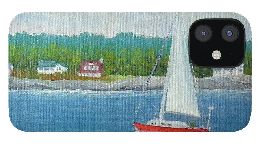 Beach Sailing Boat Seascape Landscape Ocean Houses Woods Harbor Waves Rocks Artist Scott White iPhone 12 Case featuring the painting Sailing To New Harbor by Scott W White