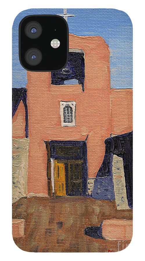 Landscape iPhone 12 Case featuring the painting San Miguel Mission in Santa Fe by Mary Capriole