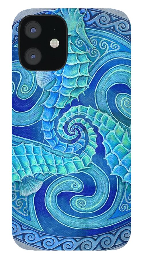 Seahorse iPhone 12 Case featuring the drawing Seahorse Triskele by Rebecca Wang