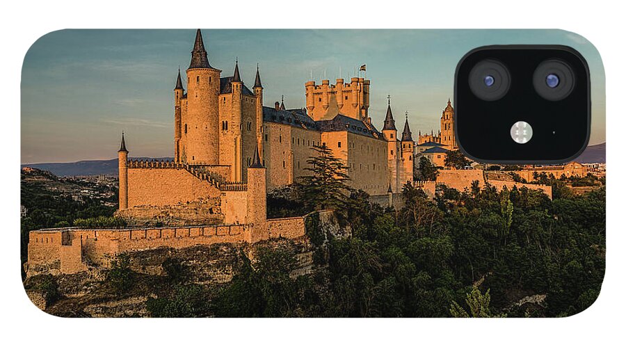 Golden Hour iPhone 12 Case featuring the photograph Segovia Alcazar and Cathedral Golden Hour by Josh Bryant