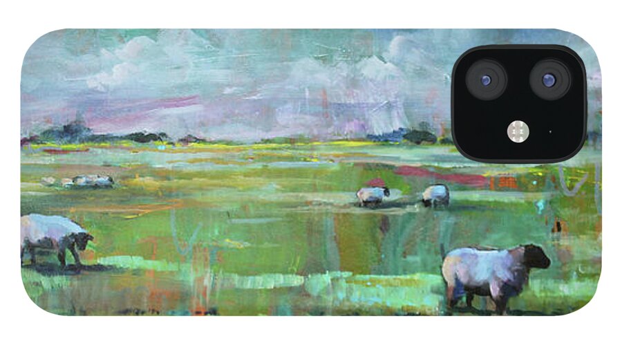 Sheep iPhone 12 Case featuring the painting Sheep of His Field by Susan Bradbury