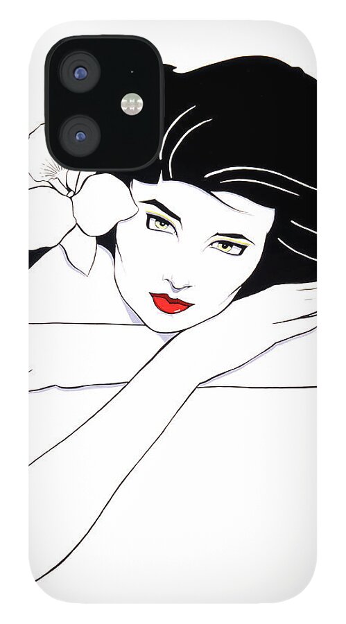 Line Art Beauty B/w Style Grace Lovely Girl Flower iPhone 12 Case featuring the drawing Simple Beauty by Murry Whiteman