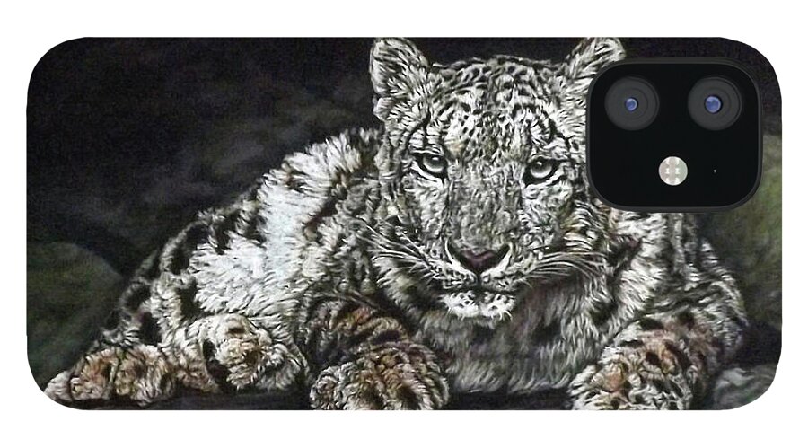 Snow Leopard iPhone 12 Case featuring the painting Snow Leopard by Linda Becker