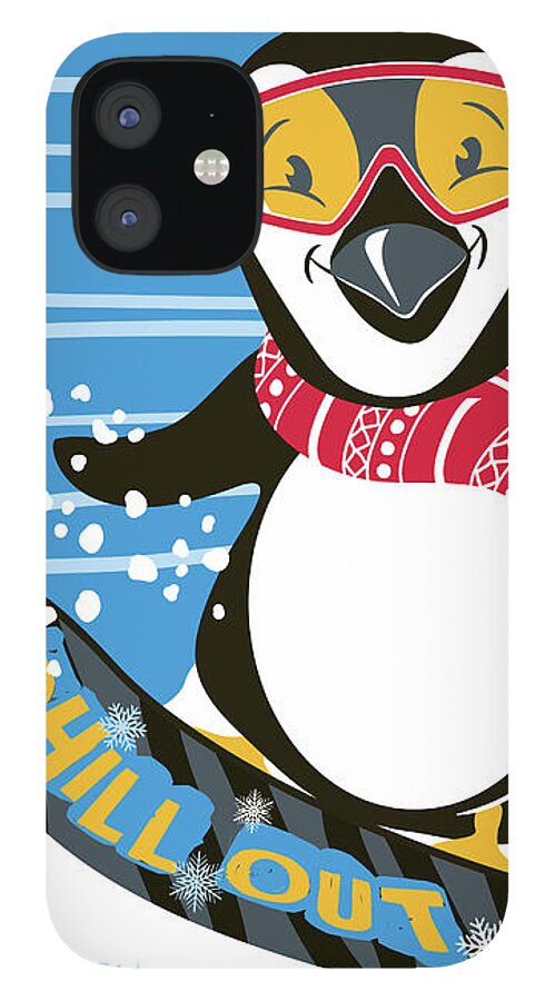 Penguin iPhone 12 Case featuring the digital art Snowboarding Penguin by Shari Warren