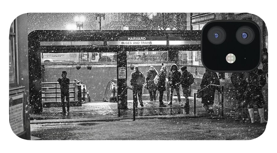 Harvard iPhone 12 Case featuring the photograph Snowy Harvard Square Night- Harvard T Station Black and White by Toby McGuire