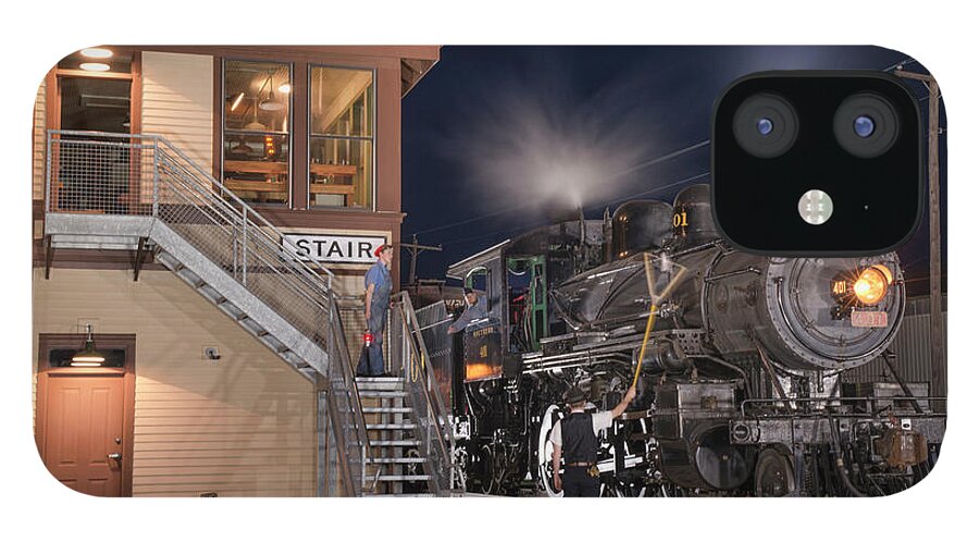 #railroad #railroads Train #trains iPhone 12 Case featuring the photograph Southern Steam engine 401 prepares to pickup a set of train orders at Stair Tower by Jim Pearson