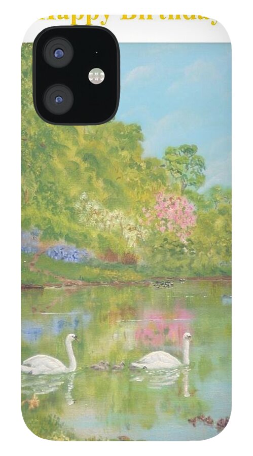Spring iPhone 12 Case featuring the painting Spring swans birthday by David Capon