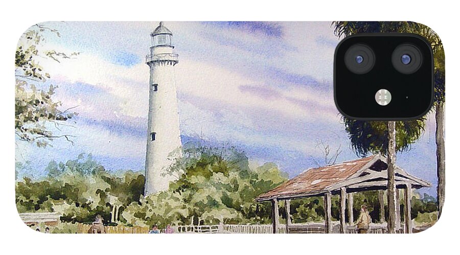 Lighthouse iPhone 12 Case featuring the painting St. Simons Island Lighthouse by Sam Sidders