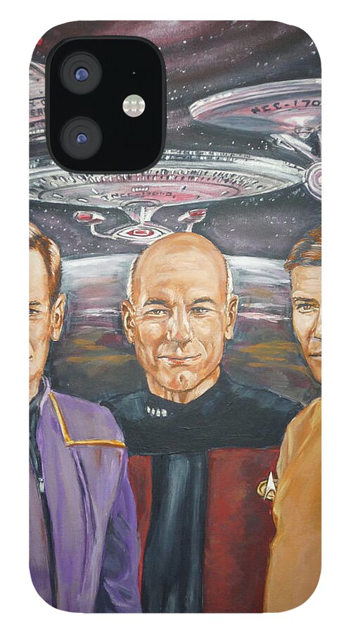 Star Trek iPhone 12 Case featuring the painting Star trek tribute Enterprise Captains by Bryan Bustard