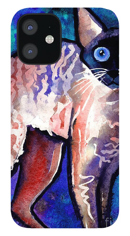 Cornish Rex Cat Painting iPhone 12 Case featuring the painting Startled Cornish Rex Cat by Svetlana Novikova