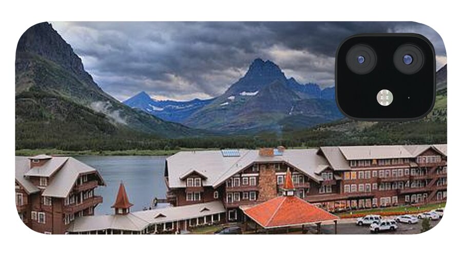 Many Glacier Lodge Panorama iPhone 12 Case featuring the photograph Storms Over Paradise by Adam Jewell