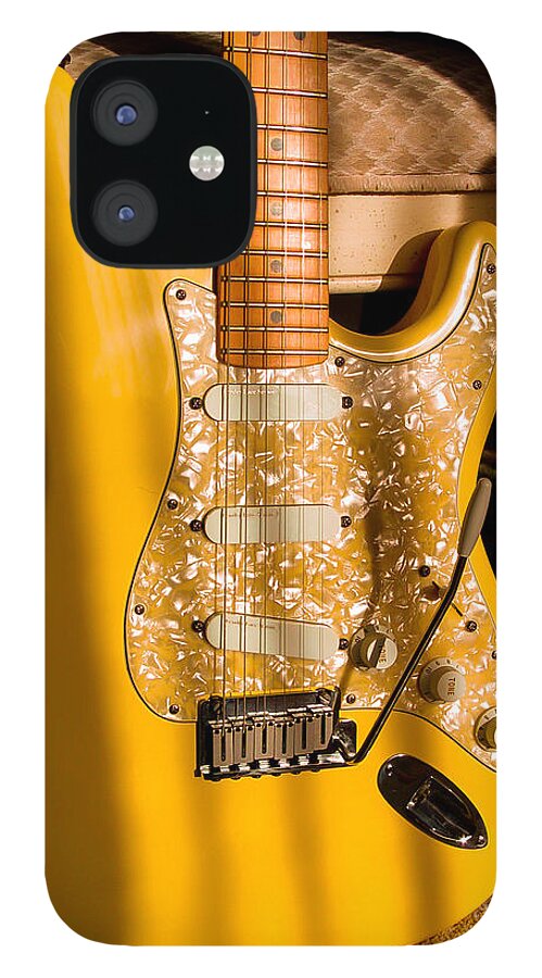 Guitar iPhone 12 Case featuring the digital art Stratocaster Plus In Graffiti Yellow by Guitarwacky Fine Art