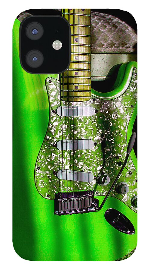 Fender Stratocaster iPhone 12 Case featuring the photograph Stratocaster Plus in Green by Guitarwacky Fine Art