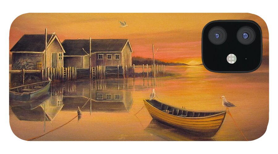 Fishing Village iPhone 12 Case featuring the painting Sunrise On Blue Rocks by Wayne Enslow