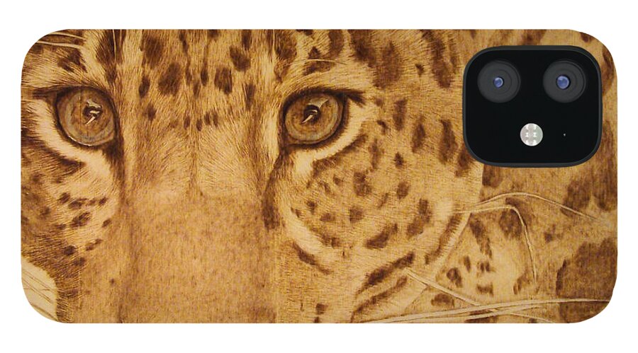 Jaguar; Sepia; Wild Life; Africa; Eyes; Zoo; Cat; iPhone 12 Case featuring the pyrography Take One Step Closer by Jo Schwartz