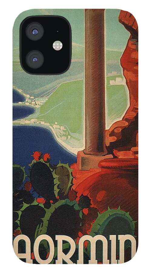 Taormina iPhone 12 Case featuring the mixed media Taormina, Italia - Sicily, Italy - Retro travel Poster - Vintage Poster by Studio Grafiikka