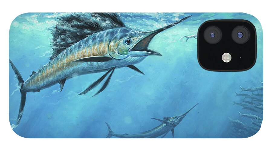 Sailfish Paintings iPhone 12 Case featuring the painting The Bite by Guy Crittenden