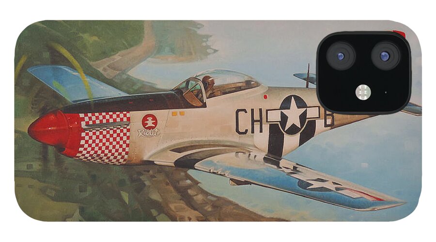 Oil Painting Prints Fine Art France Omaha Beach P-51 Aircraft World War 2 Ocean United States Air Force Airplane Planes Vintage Aircraft iPhone 12 Case featuring the painting The P-51 Riblet by T S Carson