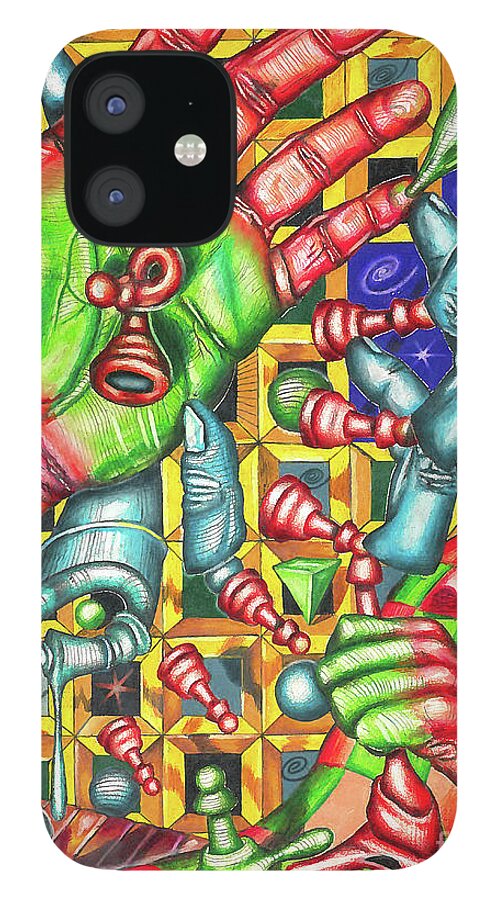 Chess iPhone 12 Case featuring the drawing The Quantum Mechanics of Chess and Life by Justin Jenkins