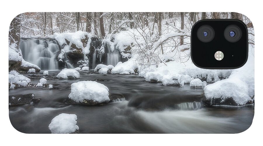 Rutland Ma Mass Massachusetts Waterfall Winter Snow Ice Water Falls Nature New England Newengland Outside Outdoors Natural Old Mill Site Woods Forest Secluded Hidden Secret Dreamy Long Exposure Brian Hale Brianhalephoto Snowing Peaceful Serene Serenity iPhone 12 Case featuring the photograph The Secret Waterfall in Winter 2 by Brian Hale