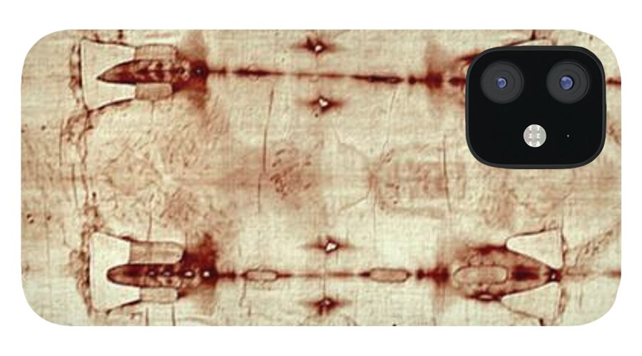 Shroud iPhone 12 Case featuring the mixed media The Shroud of Turin Jesus Christ Burial Cloth Holy Face by Jesus Christ Son of God