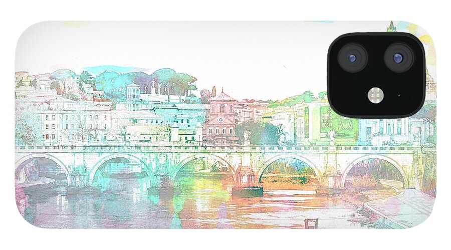 The Vatican iPhone 12 Case featuring the digital art The view from Castel Sant'Angelo towards Ponte Sant'Angelo, brid by Anthony Murphy