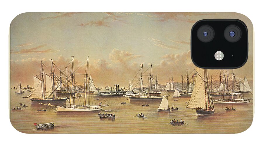 Currier And Ives iPhone 12 Case featuring the painting The Yacht Squadron at Newport by Nautical Chartworks