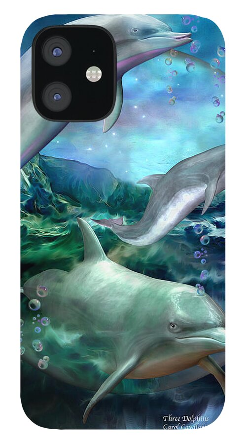 Dolphin iPhone 12 Case featuring the mixed media Three Dolphins by Carol Cavalaris