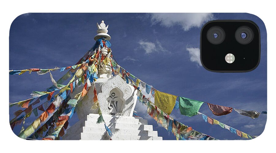 Asia iPhone 12 Case featuring the photograph Tibetan Stupa with Prayer Flags by Michele Burgess