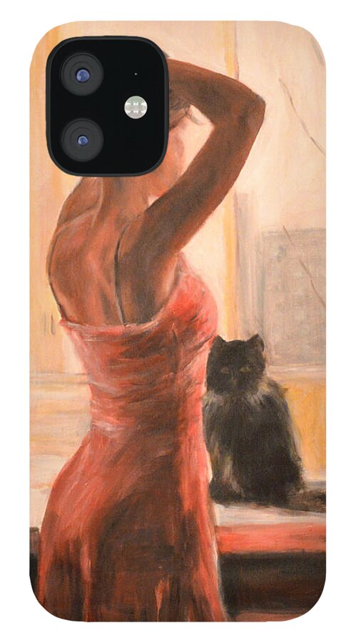 Woman With Cat iPhone 12 Case featuring the painting Tranquille by Escha Van den bogerd