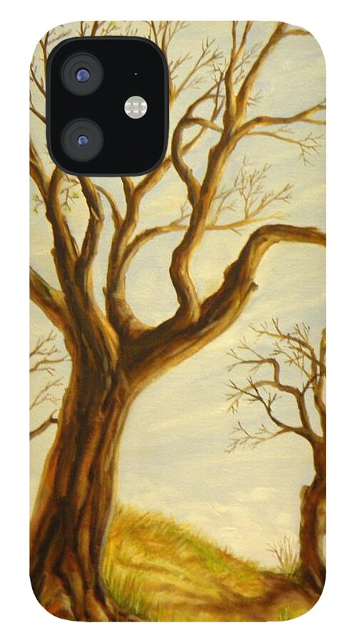 Trees Branches Oaks Light Shadow Sky Clouds Moon Hills Ground Grass Blue White Brown Yellow Orange Green Ochre Red Buds iPhone 12 Case featuring the painting Trio by Ida Eriksen