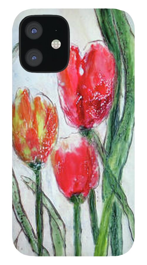 Encaustic iPhone 12 Case featuring the painting Tulip Trio by Christine Chin-Fook