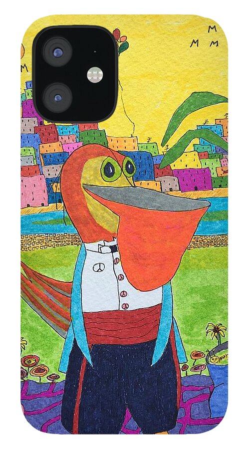 The Original Artwork For Tuxedo Pelican Is Done In Permanent Ink Markers On 140# Watercolor Paper. A Piece To Study And Talk About While You Enjoy The Brilliant Colors In A Fineartamerica Print Done With Archival Inks. iPhone 12 Case featuring the painting Tuxedo Pelican by Lew Hagood