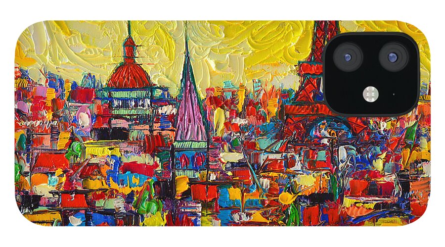 Paris iPhone 12 Case featuring the painting Vibrant Paris Abstract Cityscape Impasto Modern Impressionist Palette Knife Oil Ana Maria Edulescu by Ana Maria Edulescu