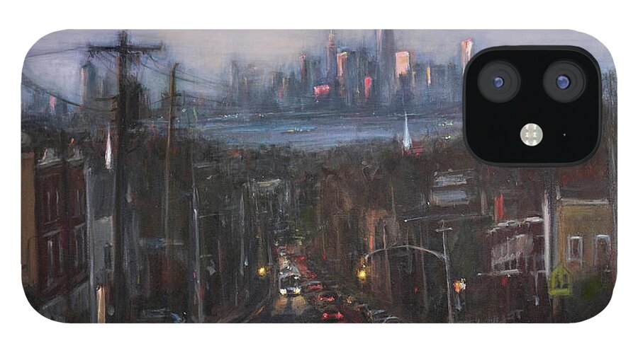 Manhattan Skyline iPhone 12 Case featuring the painting Victory Boulevard at Dusk by Sarah Yuster