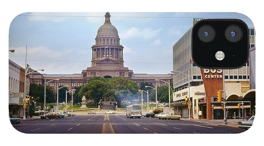 Vintage iPhone 12 Case featuring the photograph Vintage July 1968 view looking up Congress Avenue to the Texas State Capitol by Dan Herron