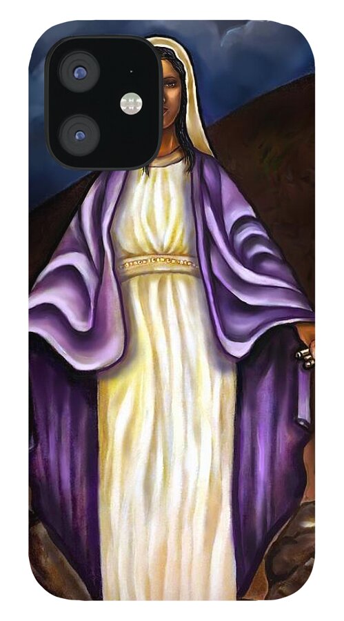 Virgin Mary iPhone 12 Case featuring the painting Virgin Mary- The Protector by Carmen Cordova