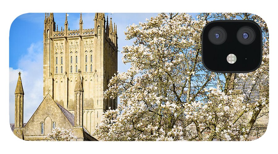 Bishop's Palace iPhone 12 Case featuring the photograph Wells Cathedral and spring blossom by Colin Rayner