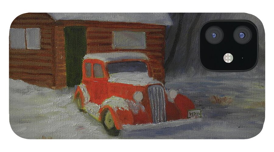 Car Home Snow Landscape Country Past Time iPhone 12 Case featuring the painting When Cars Were Big And Homes Were Small by Scott W White