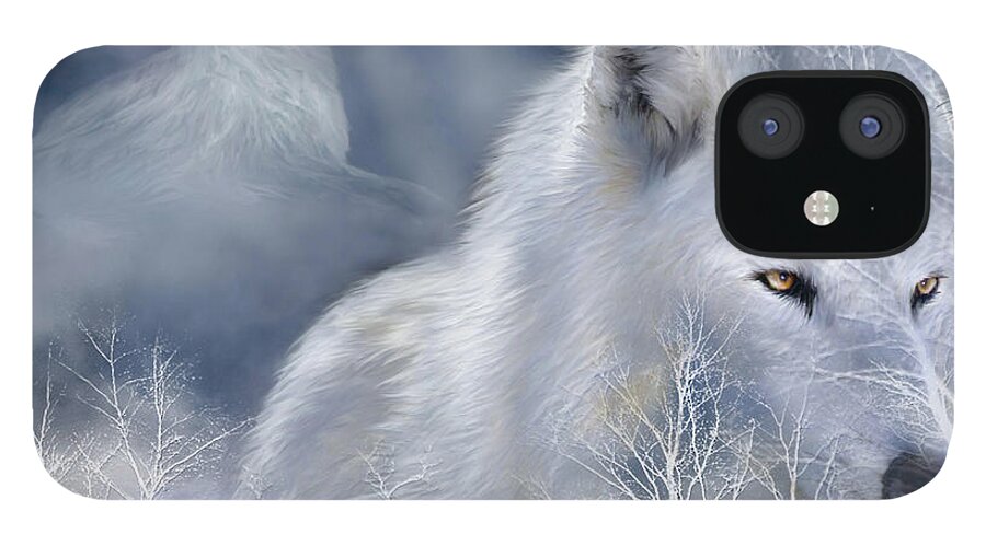 Wolf Art iPhone 12 Case featuring the mixed media White Wolf by Carol Cavalaris