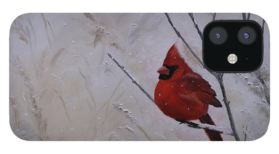 Cardinal iPhone 12 Case featuring the painting Winter Cardinal by Stephen Krieger