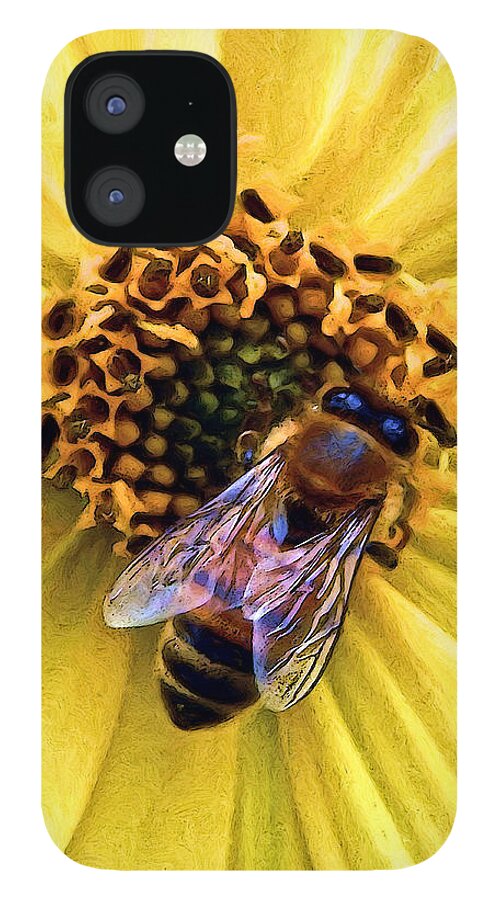 Honeybee iPhone 12 Case featuring the digital art Yellow Flower Bee by Gary Olsen-Hasek