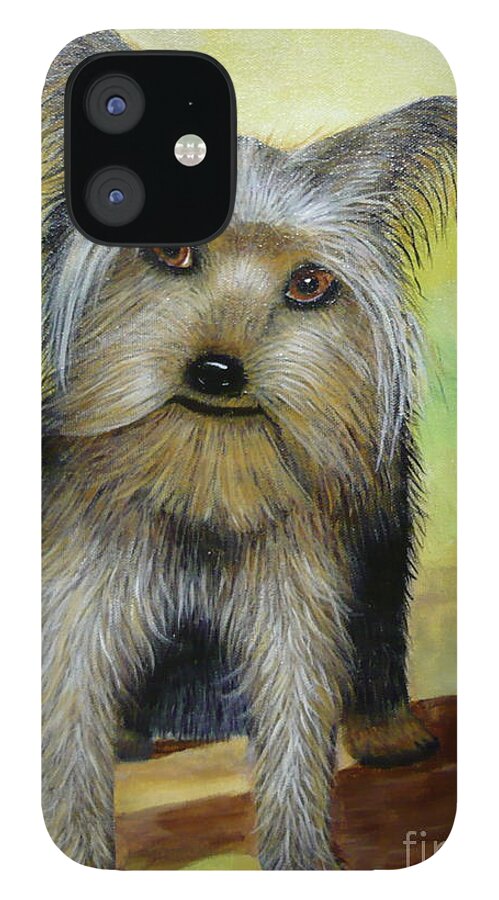 Yorkie iPhone 12 Case featuring the painting Yorkie Loves A Walk by Monika Shepherdson
