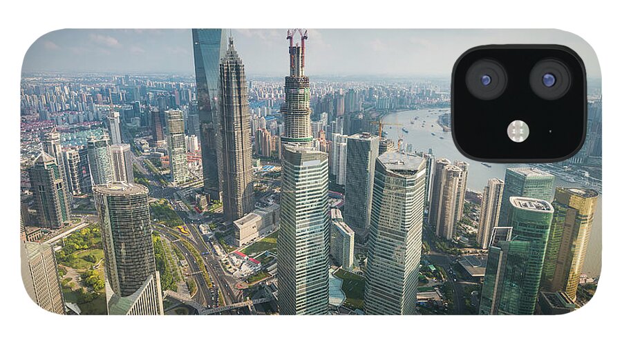Chinese Culture iPhone 12 Case featuring the photograph Shanghai Pudong Skyscrapers Futuristic #1 by Fotovoyager