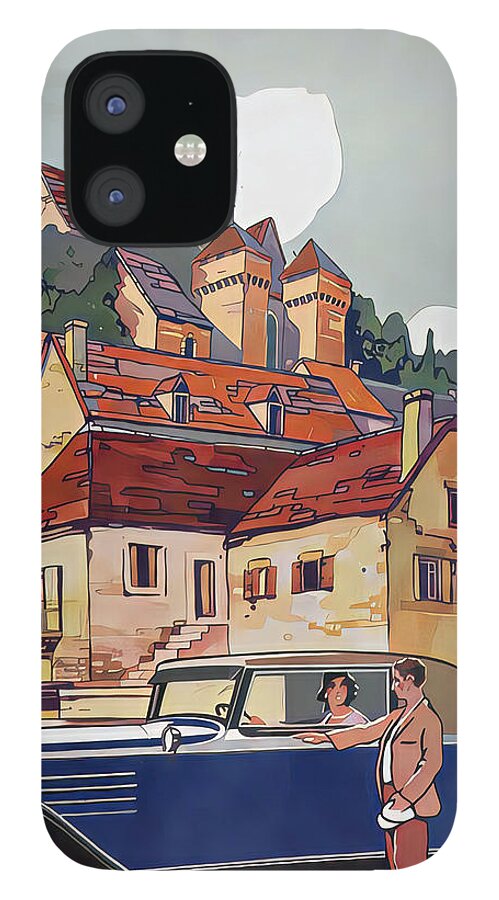 Vintage iPhone 12 Case featuring the mixed media 1930 Coupe With Woman Driver And Visitor Dutch Village Original French Art Deco Illustration by Retrographs