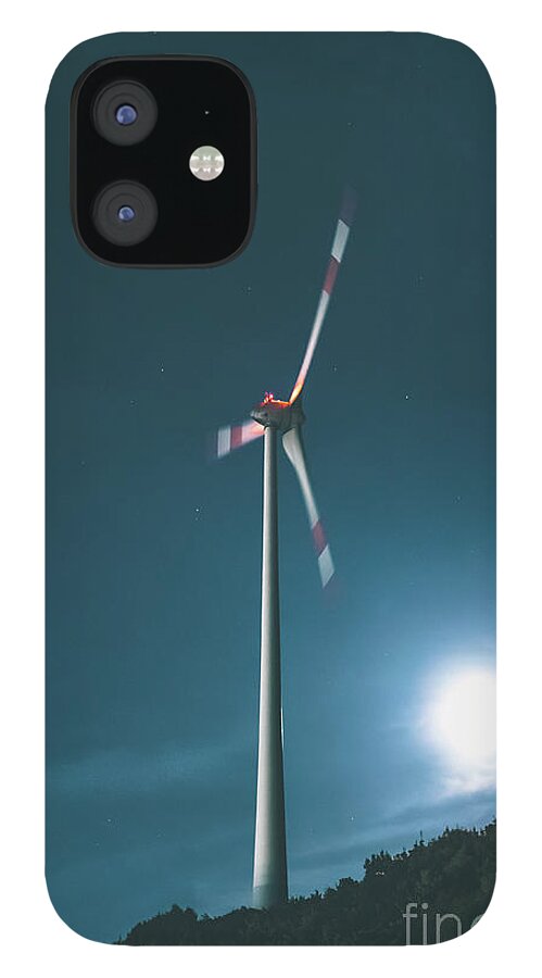 Wind iPhone 12 Case featuring the photograph A Wind Turbine On A Full Moon Night by Michael Bohnen