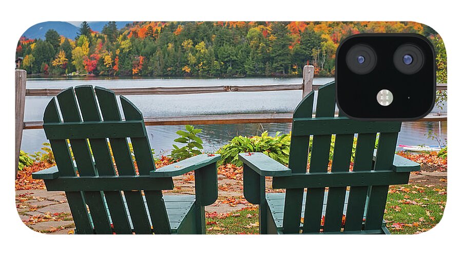 Mirror iPhone 12 Case featuring the photograph Adirondack Chairs in the Adirondacks. Mirror Lake Lake Placid NY New York by Toby McGuire
