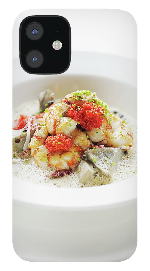 White Background iPhone 12 Case featuring the photograph Alaska Spot Prawns With Artichoke by Thomas Barwick