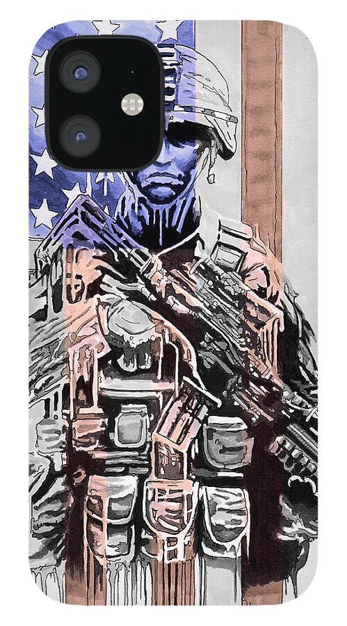 America iPhone 12 Case featuring the drawing American Soldier by Bill Richards